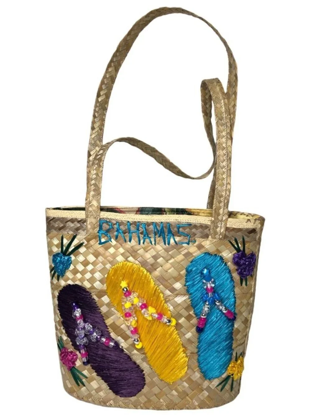 Bahamas Handwoven Straw Tote Bag Purse Floral Flip Flops Beads Lined Cruise Vtg